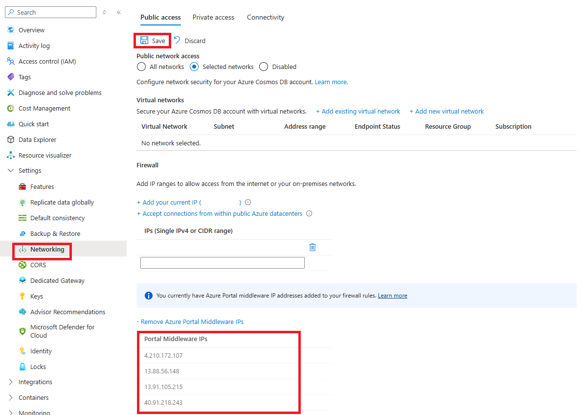 Screenshot of the list of middleware IP addresses for networking in the Azure portal.