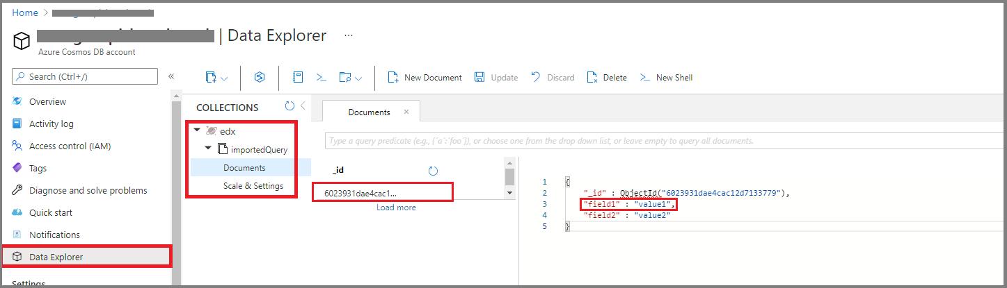 Screenshot of Azure Cosmos DB data verification.