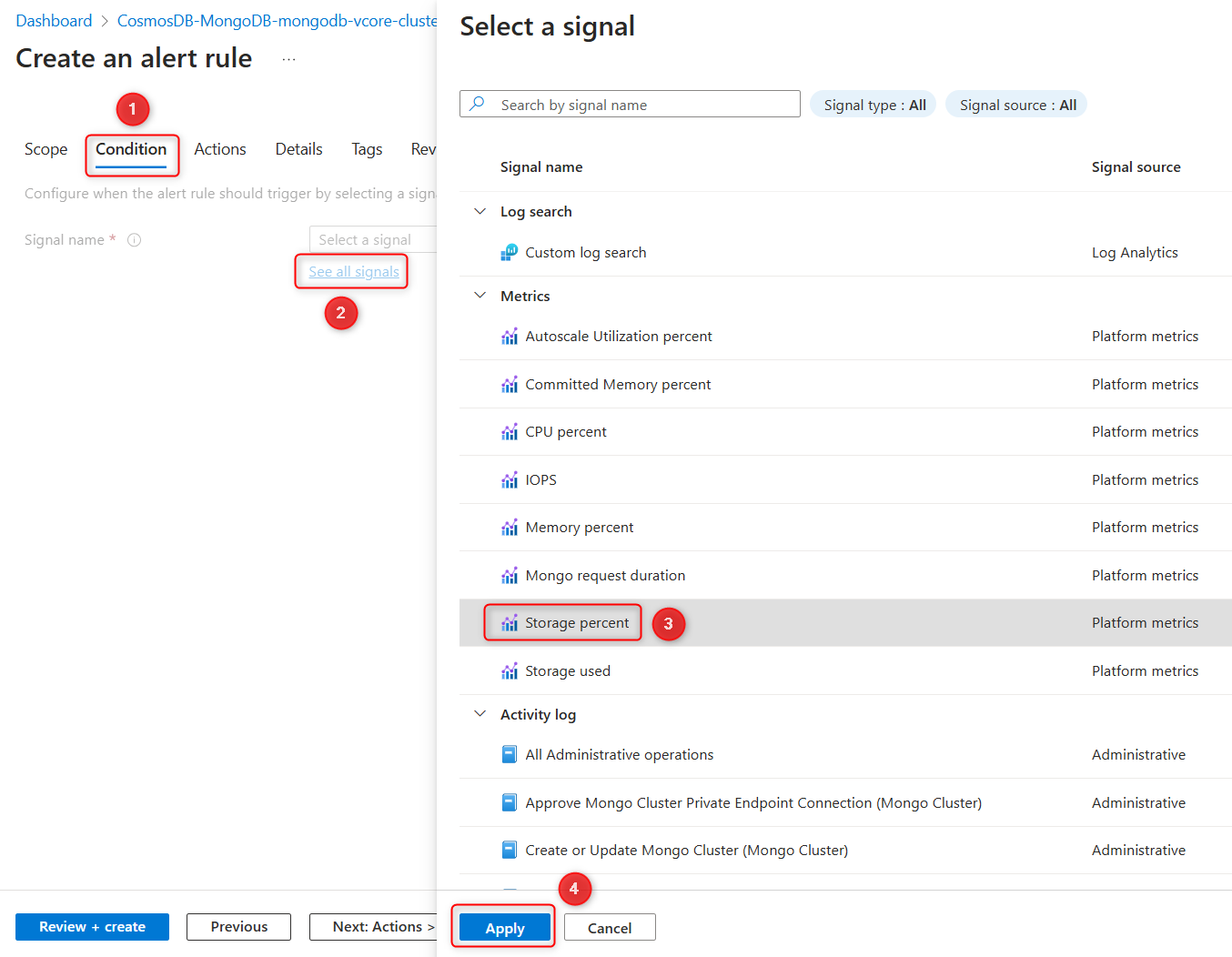 Screenshot of the alert condition selection panel with a metric selected in the Azure portal.