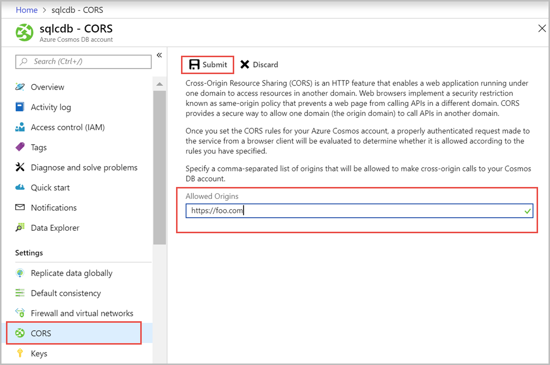 Enable cross origin resource sharing using Azure portal