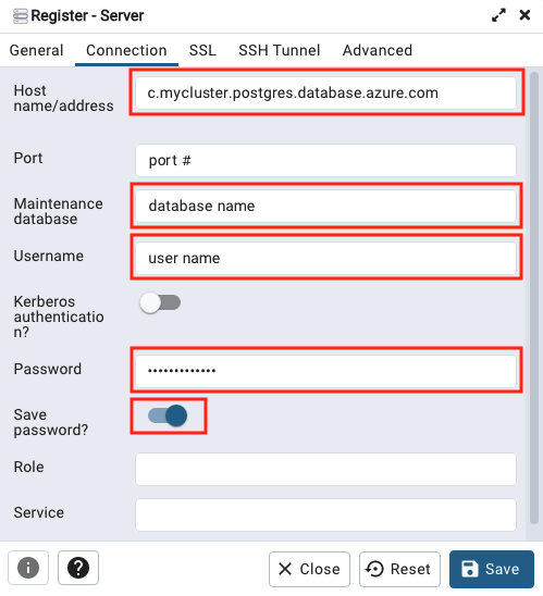 Screenshot that shows the pgAdmin connection settings.