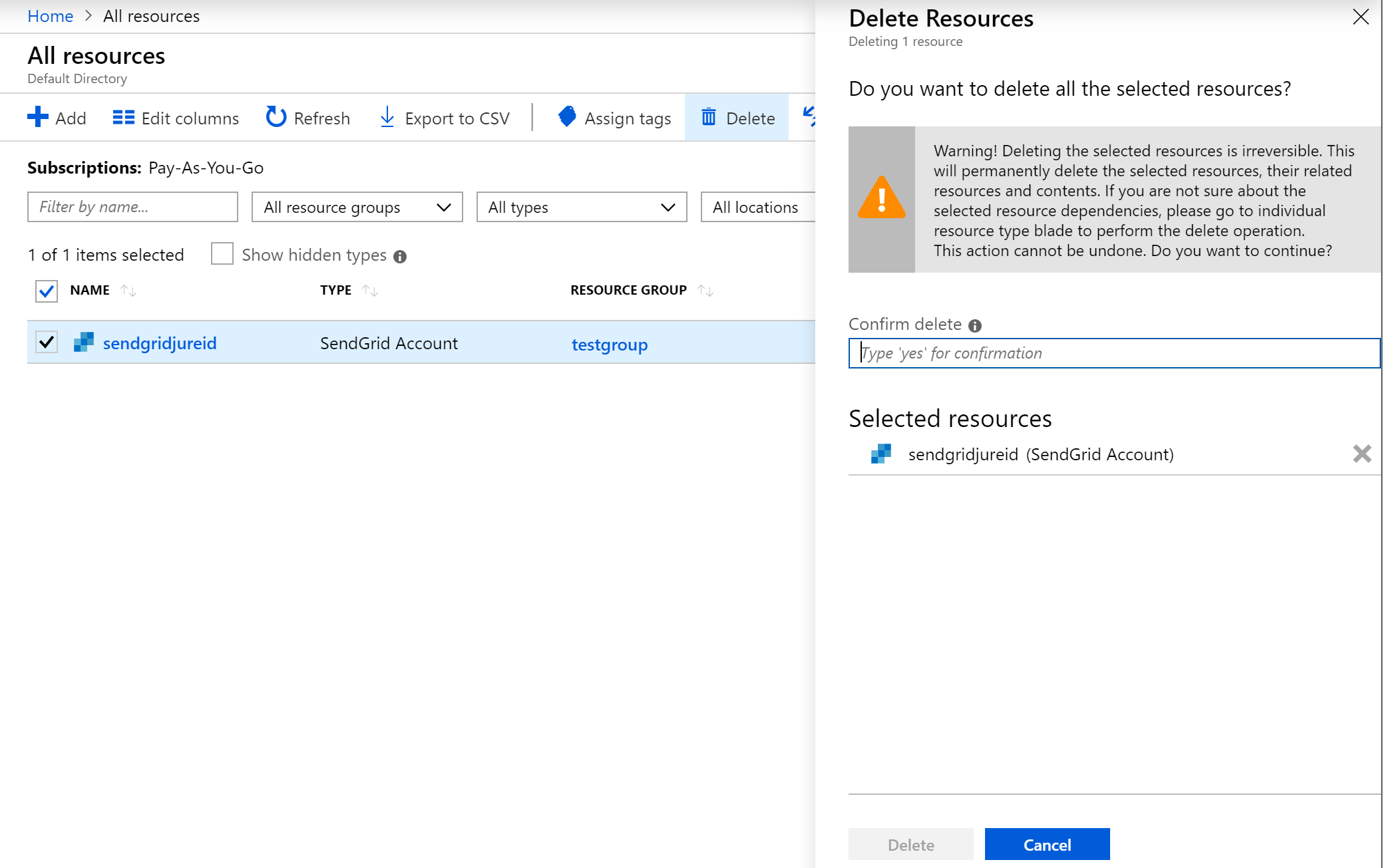 Screenshot showing the Delete resources page where you type Yes to delete the resource.