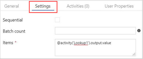 ForEach activity settings.