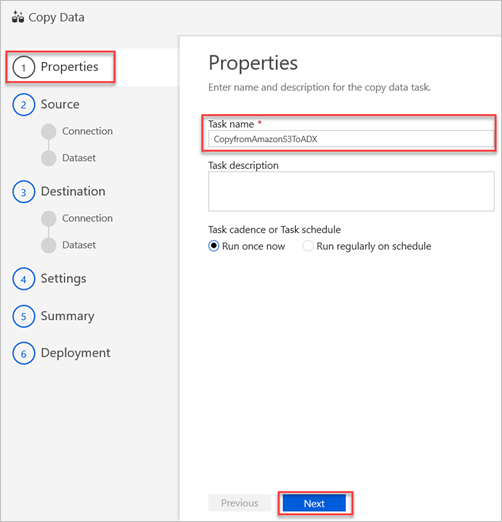 The Copy Data Properties pane.