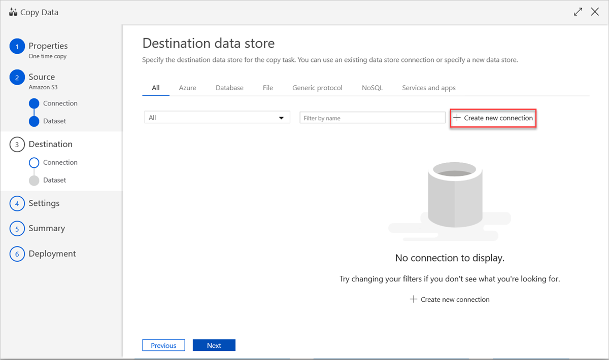 Destination data store pane.