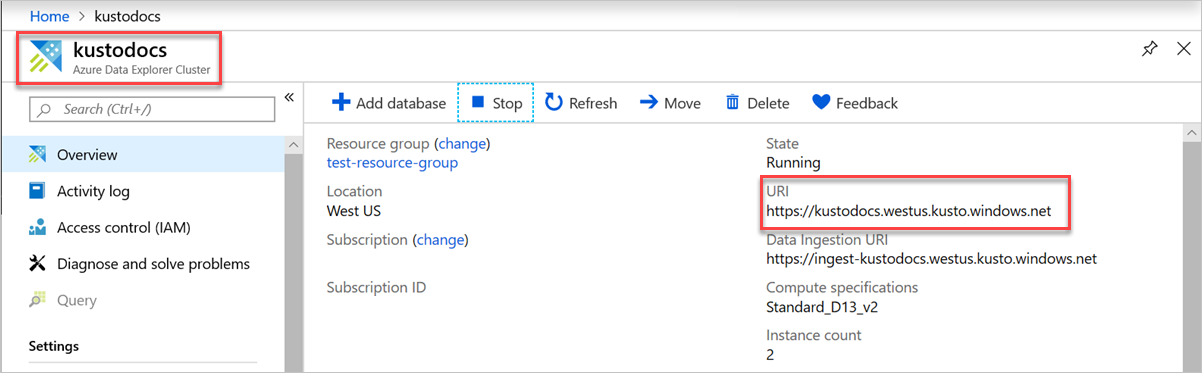 Screenshot showing how to add a value for the Azure Data Explorer cluster URI.