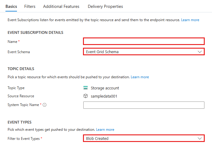 Screenshot of create Event Grid subscription page, , showing the basic tab with subscription details.