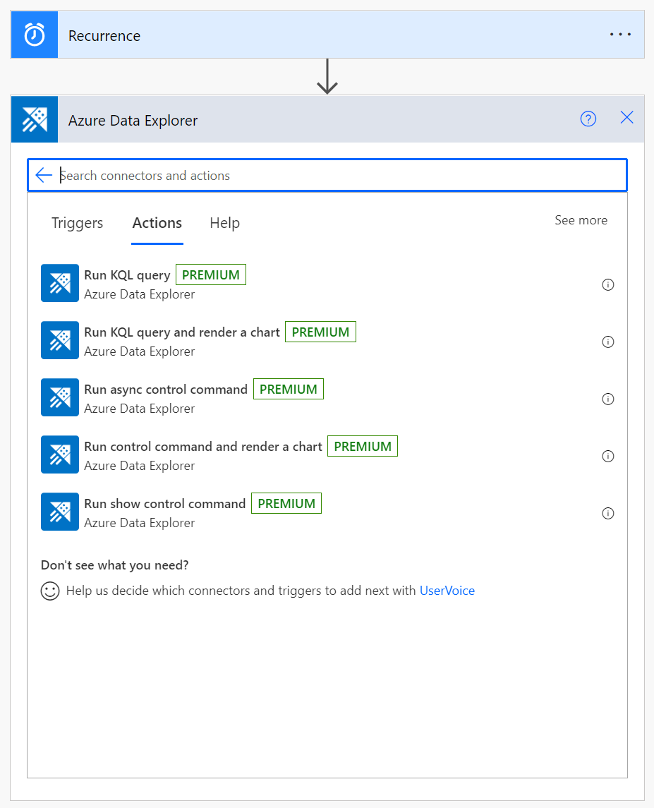 Screenshot of the Choose an action list, showing the list of actions highlighted.