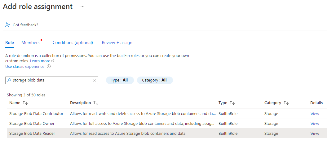 Screenshot of the add role assignment page, showing the system assigned role for ingestion using managed identities