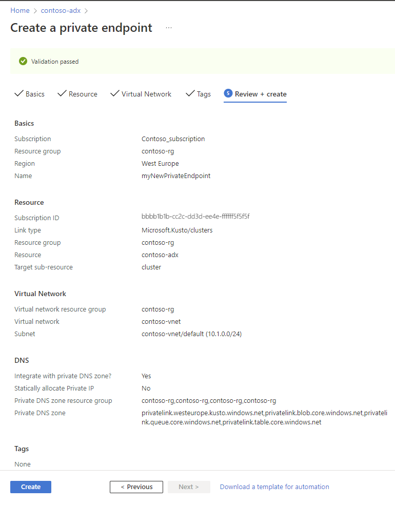 Screenshot of the create private endpoint page, showing the review and create summary.