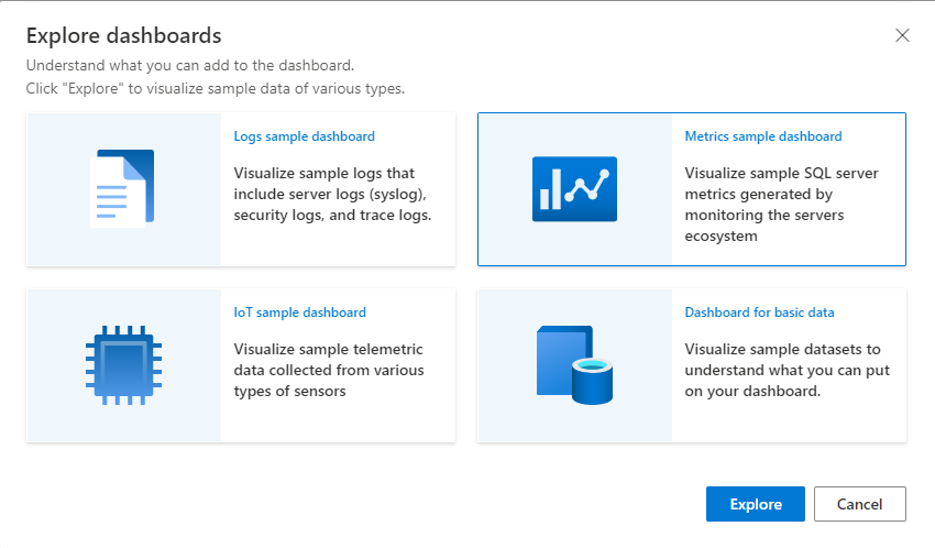 Screenshot of Explore data samples dialog box showing sample database options.