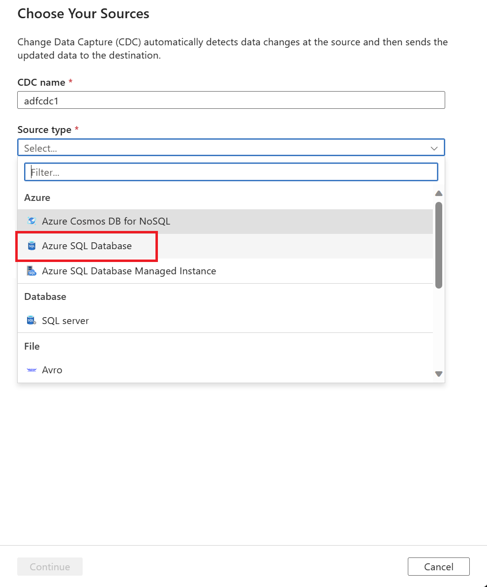 Screenshot of the guided process flyout with source options in a dropdown list.