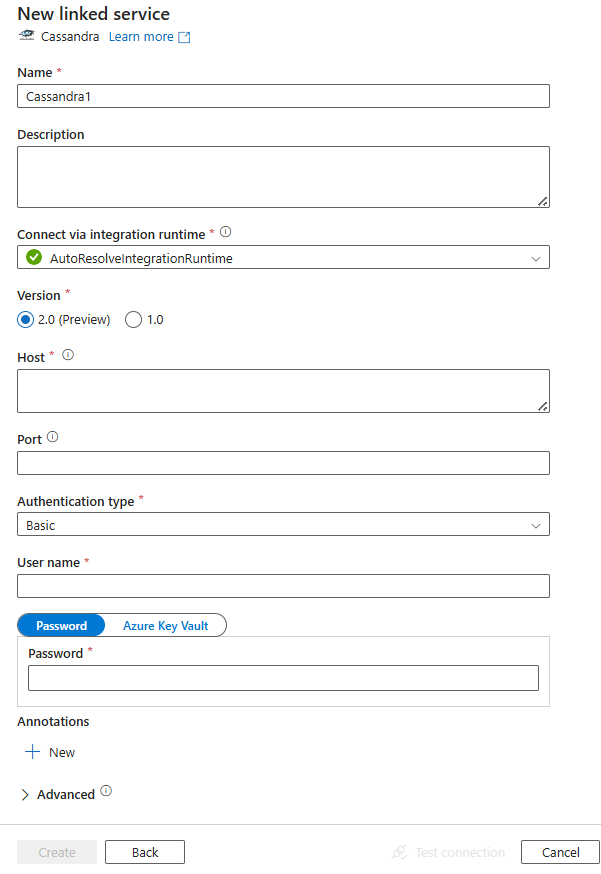 Screenshot of linked service configuration for Cassandra.