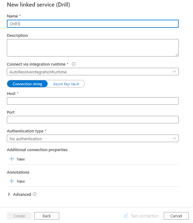 Screenshot of linked service configuration for Drill.