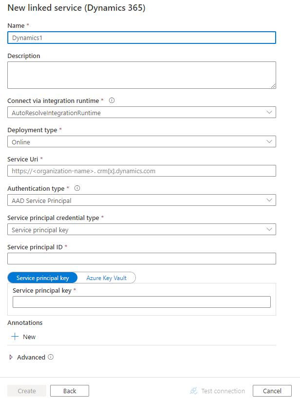 Screenshot of linked service configuration for Dynamics 365.