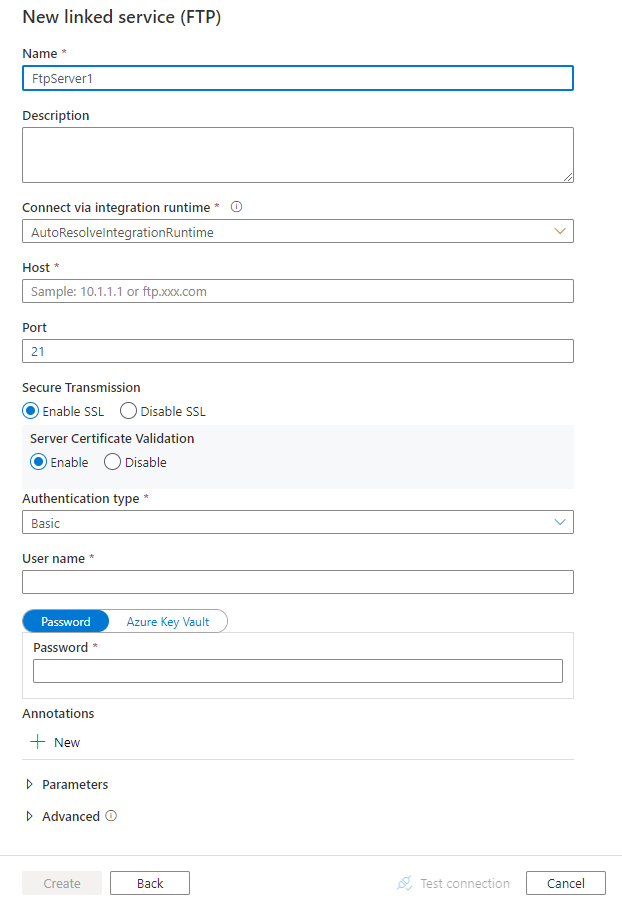 Screenshot of linked service configuration for an FTP server.