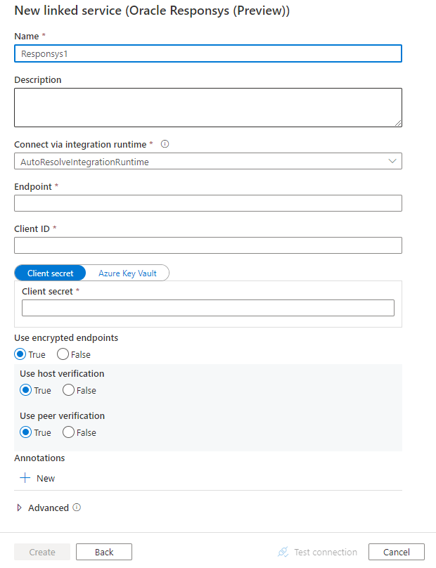 Screenshot of linked service configuration for Oracle Responsys.