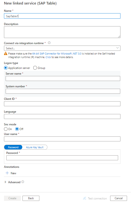 Screenshot of configuration for an SAP table linked service.