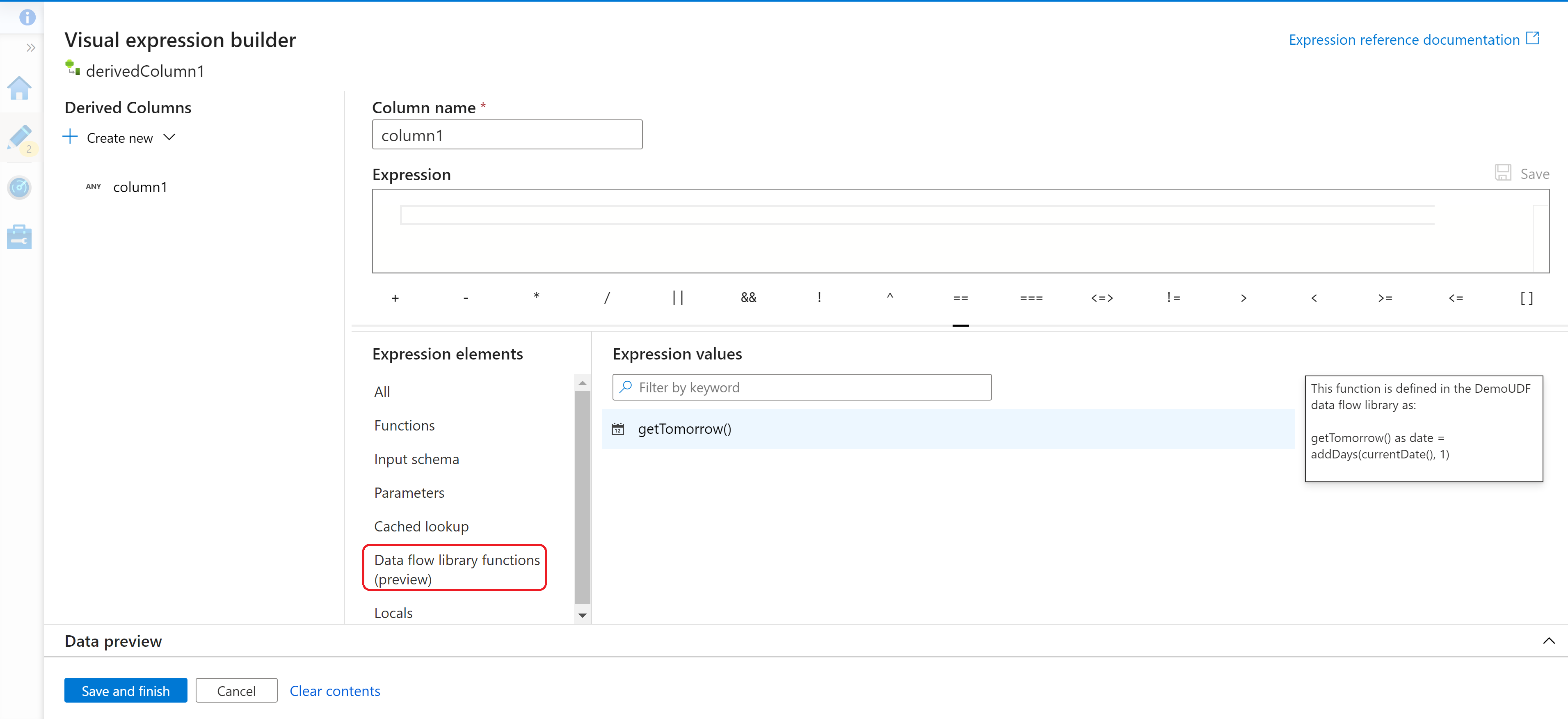 Screenshot showing the data flow library in the mapping data flow expression builder.