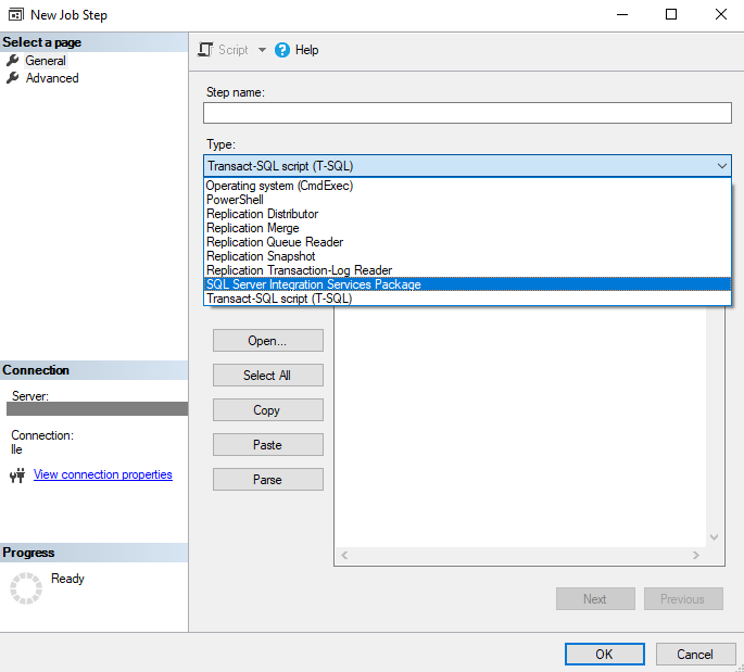 Selections for creating a new SSIS job step