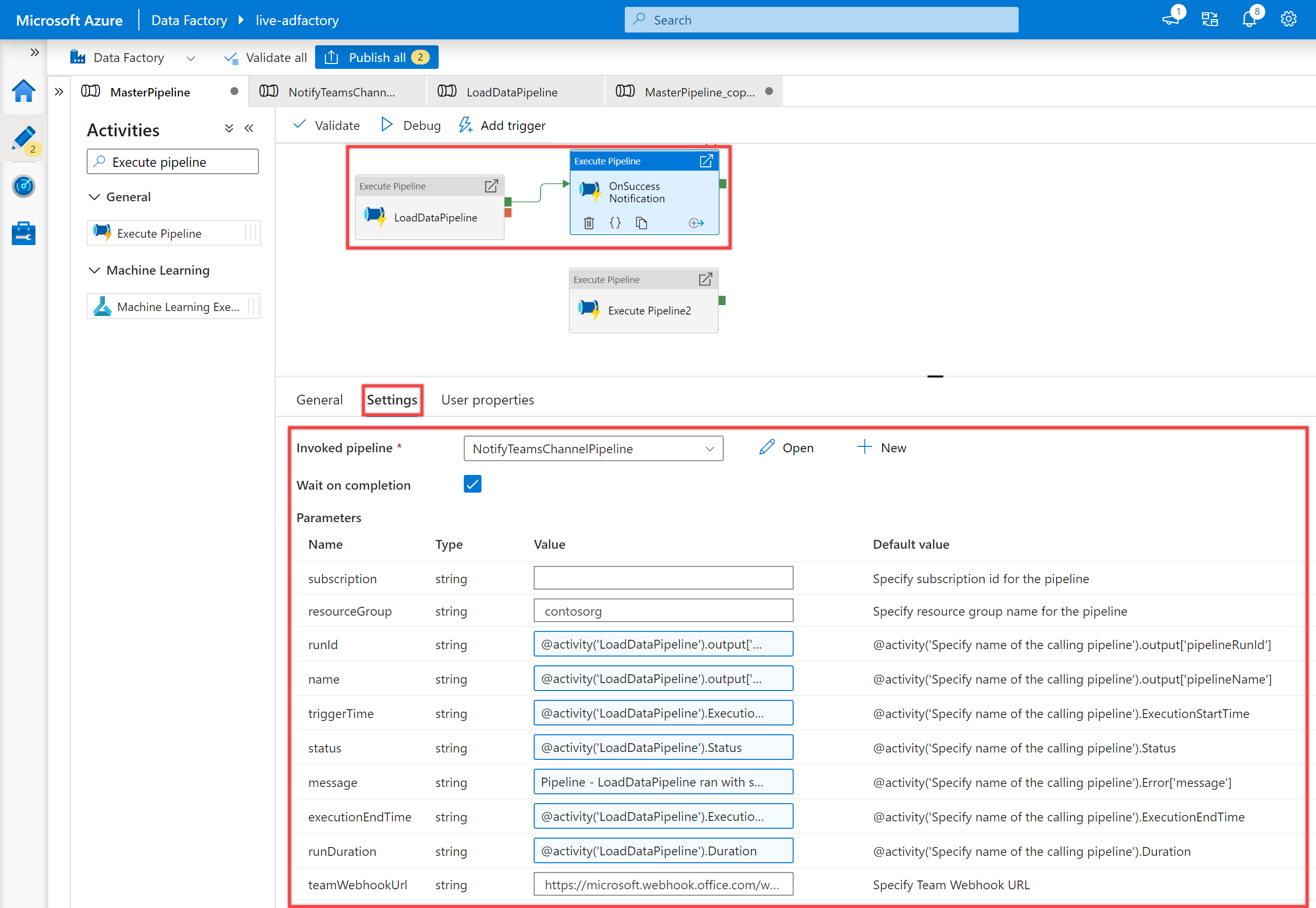 Shows the second &quot;Execute pipeline&quot; activity &quot;OnSuccess Notification&quot; setting pane for &quot;NotifyTeamsChannelPipeline&quot; pipeline.