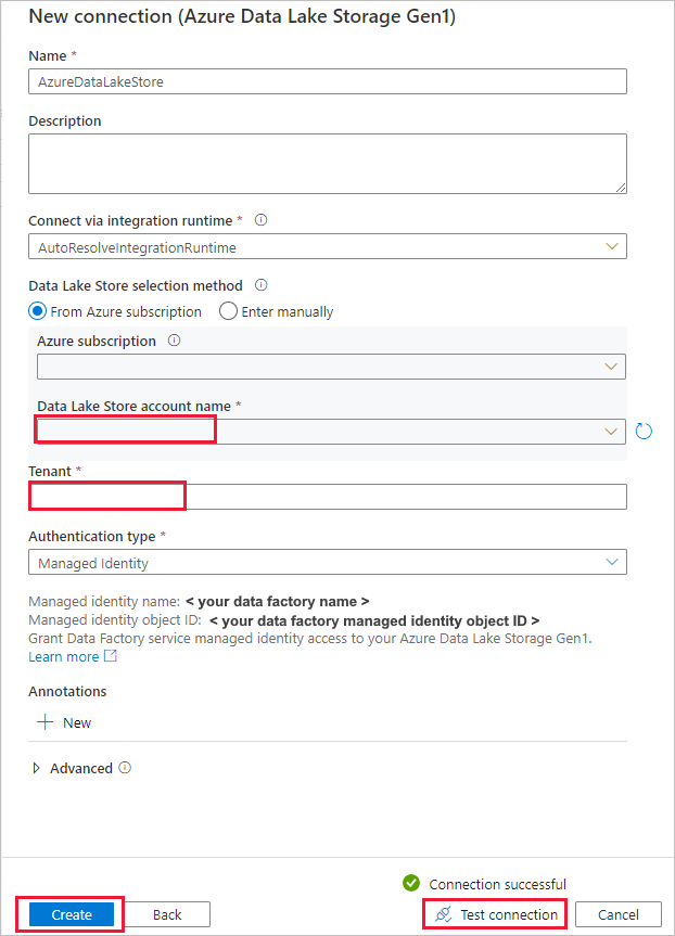 Screenshot showing the configuration of the Azure Data Lake Storage Gen1 connection.