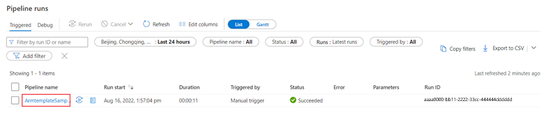 Screenshot of the data factory monitoring tab.