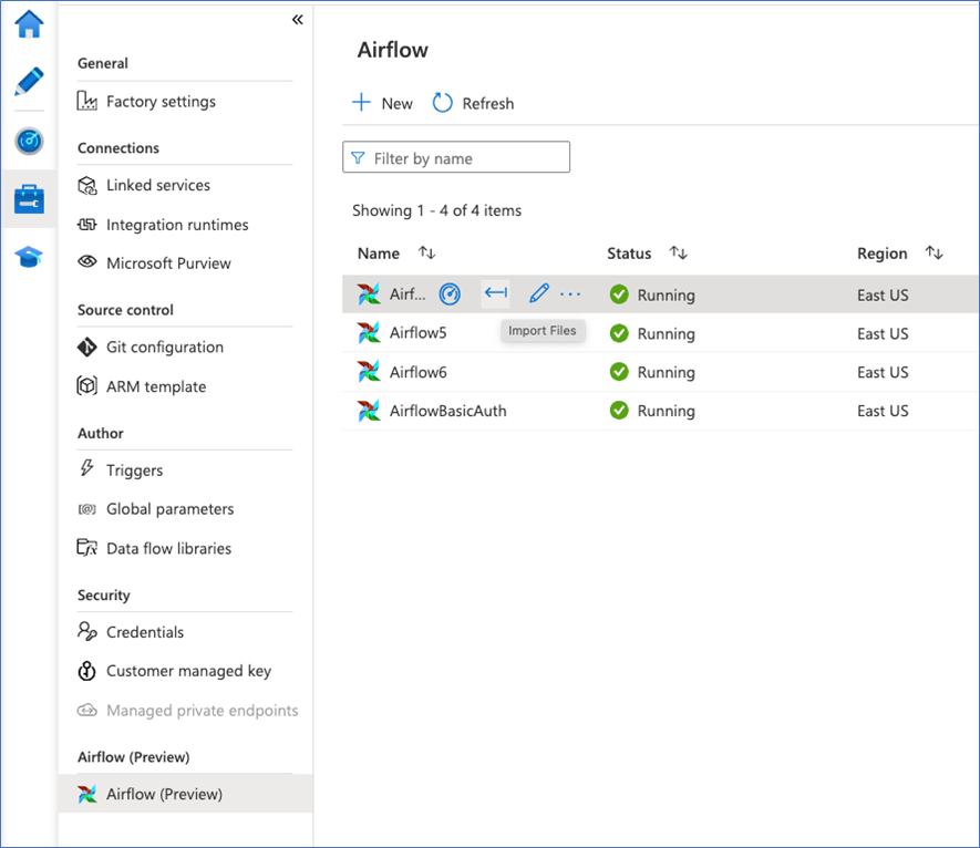 Screenshot showing the data factory management tab with the Airflow section selected.