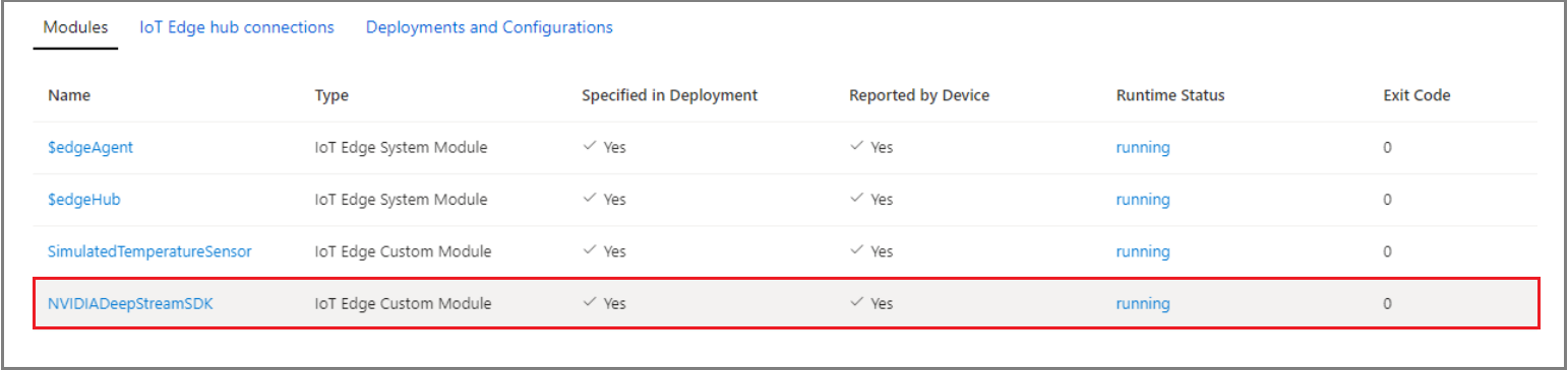 Screenshot of the Azure portal, modules runtime status.