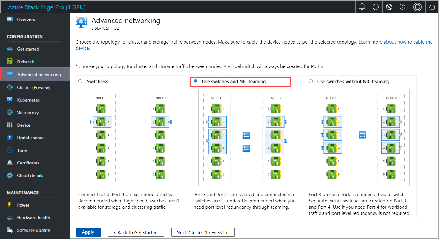 Screenshot of local web UI "Network" page with "Use switches and NIC teaming" option selected.