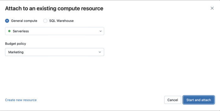 Connect to existing compute with budget policy