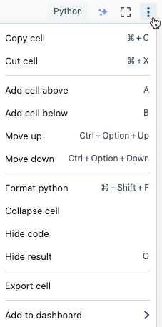 Cell actions menu