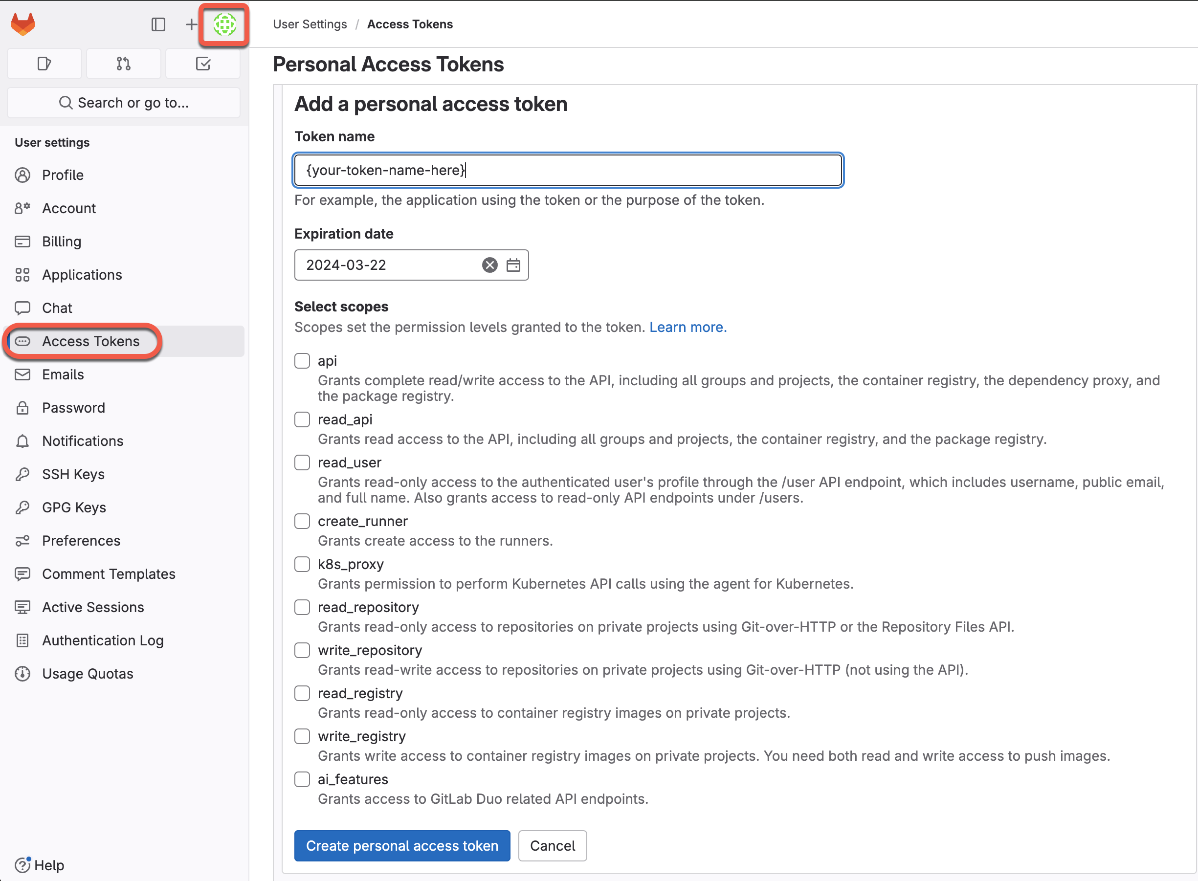 Generate GitLab token