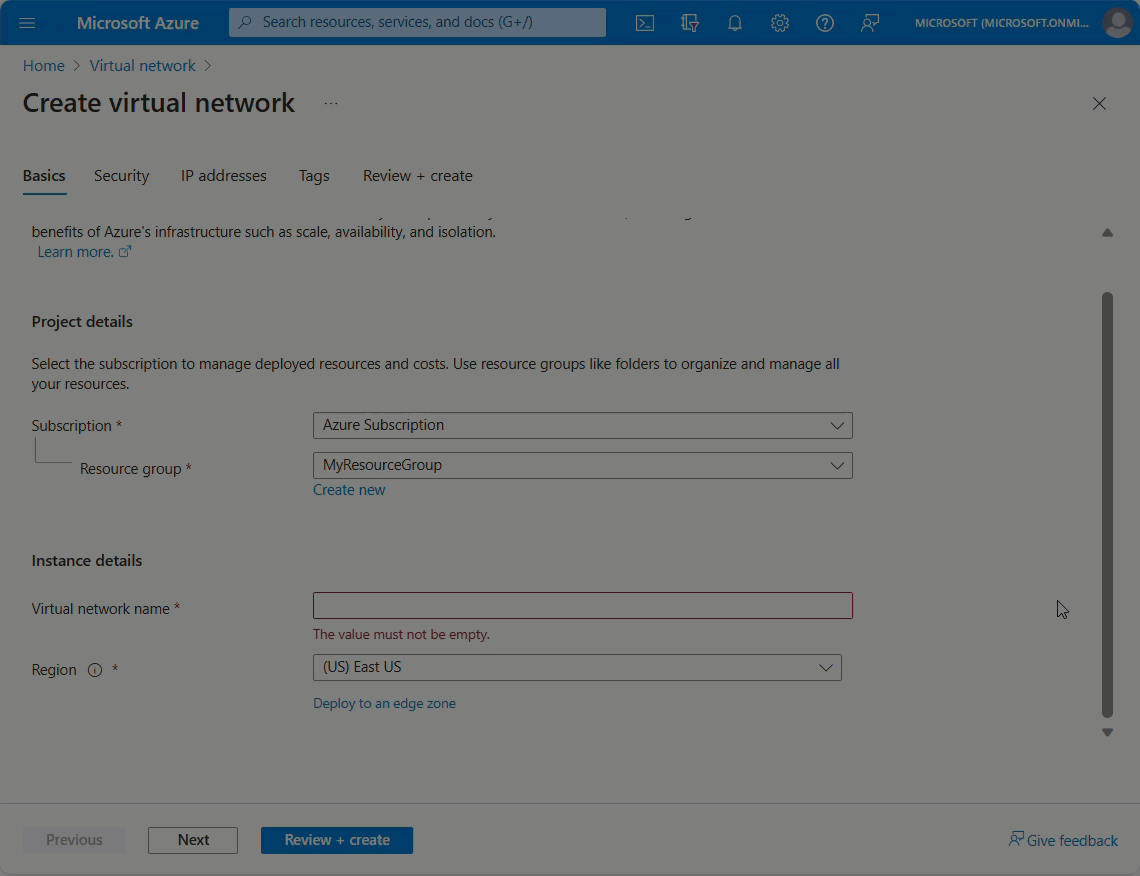 Gif of creating a virtual network with Azure DDoS Protection.