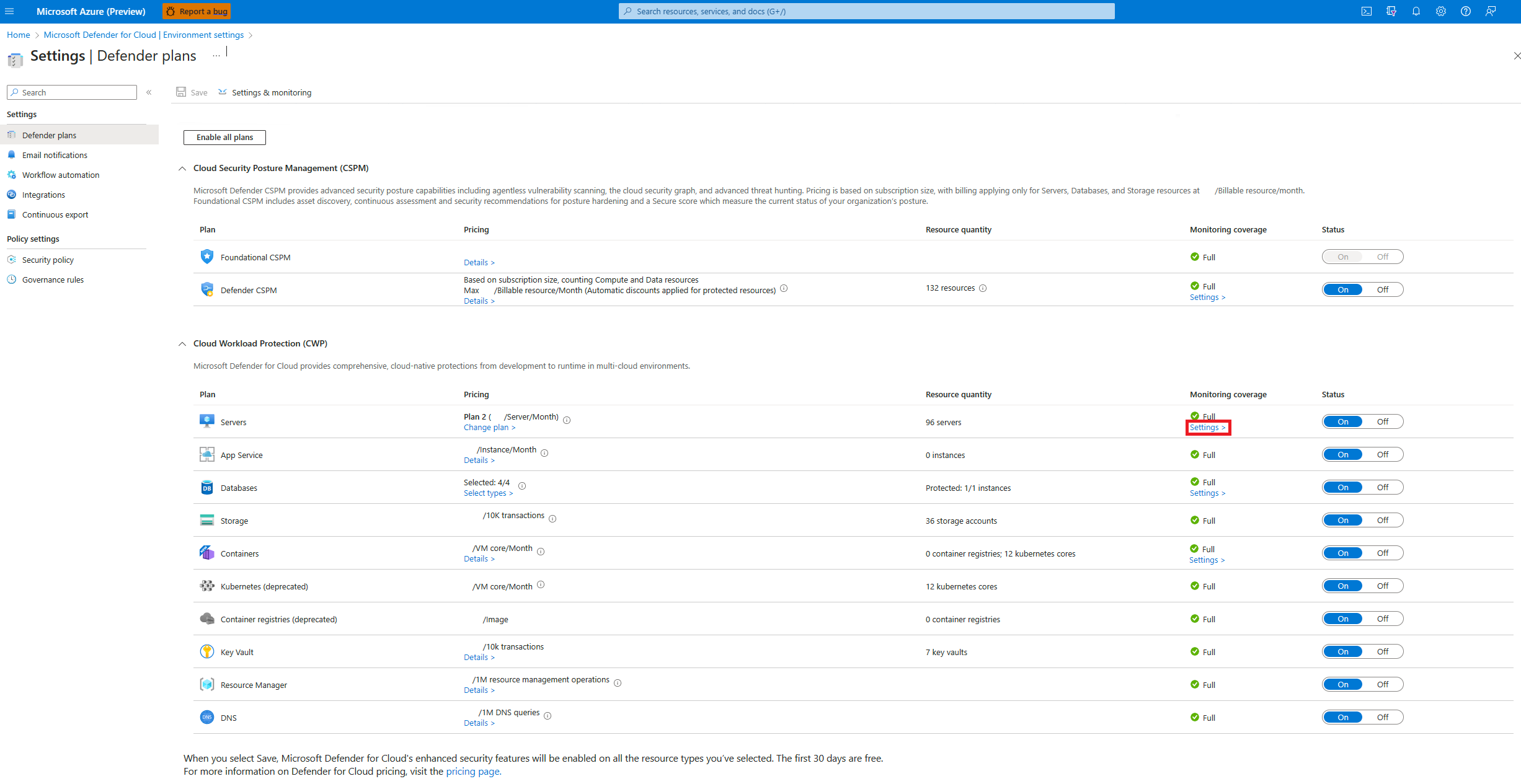 Screenshot showing selecting service plan settings for server.