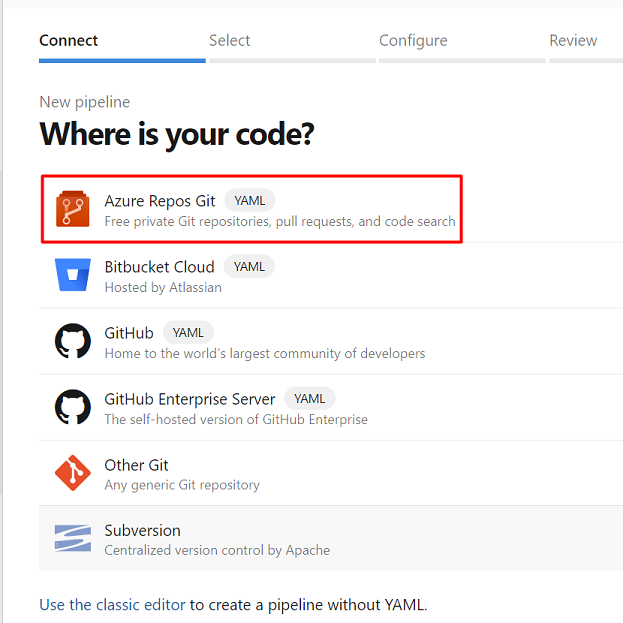 Screenshot that shows you where to navigate to, to select Azure repo git.