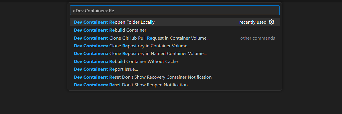 Screenshot that shows the Command palette option to reopen the current folder within your local environment.