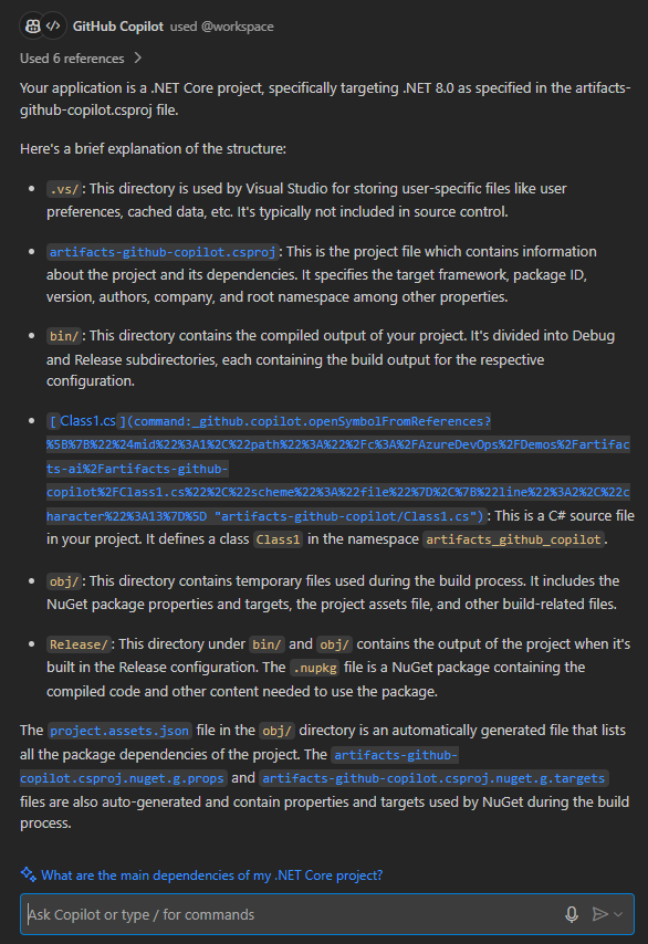 A screenshot that shows GitHub Copilot explaining workspace app structure.