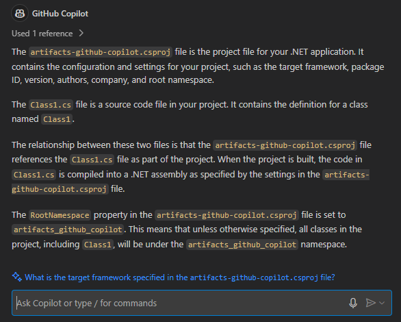 A screenshot that shows GitHub Copilot response in Visual Studio Code.