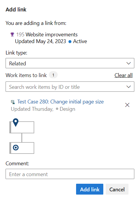 Screenshot of Add link dialog, web portal, to an existing work item.