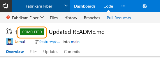 Screenshot shows Pull request, completed notification.