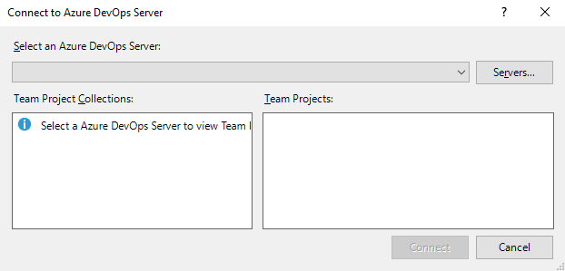 Screenshot shows the Connect to Azure DevOps Server dialog.