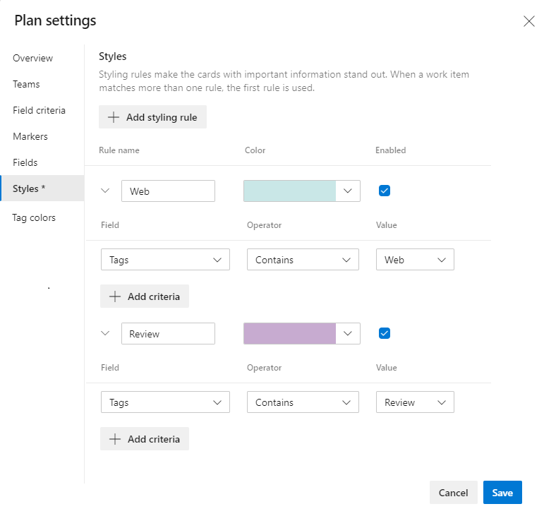 Screenshot of Dialog for Plans settings, Styles tab, two styles defined.