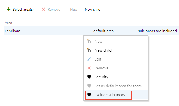 Team configuration, Areas, Exclude sub areas