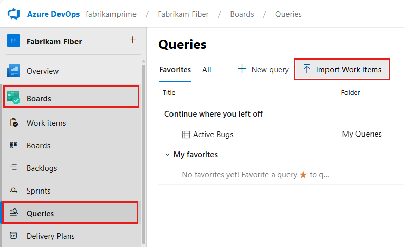 Screenshot showing the Boards page with Queries, then Import work items selected.