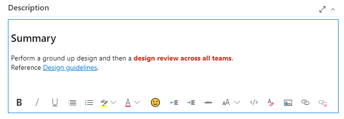 Screenshot that shows the Azure DevOps 2020 rich text editor toolbar.