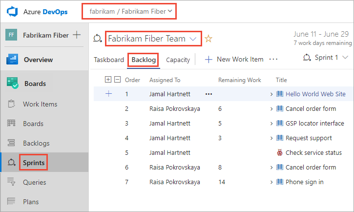 Screenshot shows where you can select Backlog in Azure Boards.