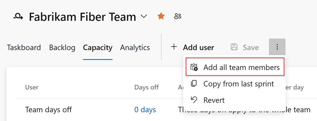 Screenshot of Capacity page, Add team members.