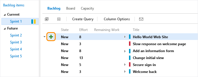 Screenshot of Sprint backlog, Add a task to an item in the sprint backlog.