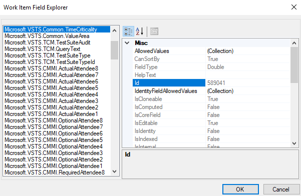 Screenshot of Work item field explorer.